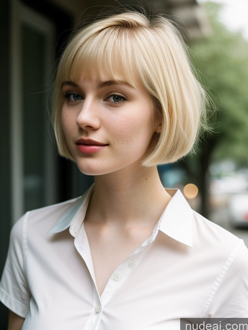 ai nude image of blond woman with short hair and white shirt looking at camera pics of Beautiful Fairer Skin 18 Blonde Sorority Russian Close-up View Shirt Short Hair