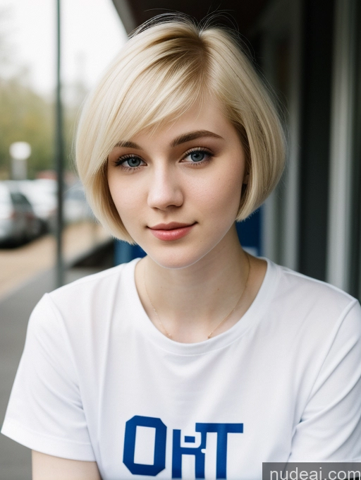 ai nude image of blond woman with short hair wearing a white shirt and looking at the camera pics of Beautiful Fairer Skin 18 Blonde Sorority Russian Close-up View Shirt Short Hair