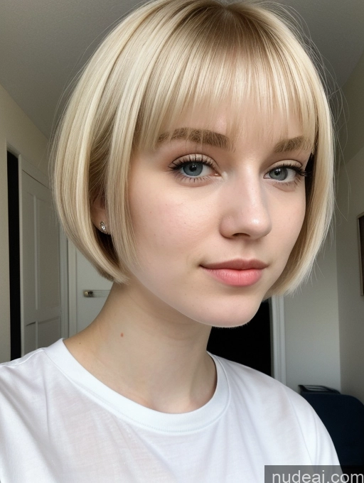 ai nude image of blond woman with short hair and blue eyes wearing a white shirt pics of Beautiful Fairer Skin 18 Blonde Sorority Russian Close-up View Shirt Short Hair