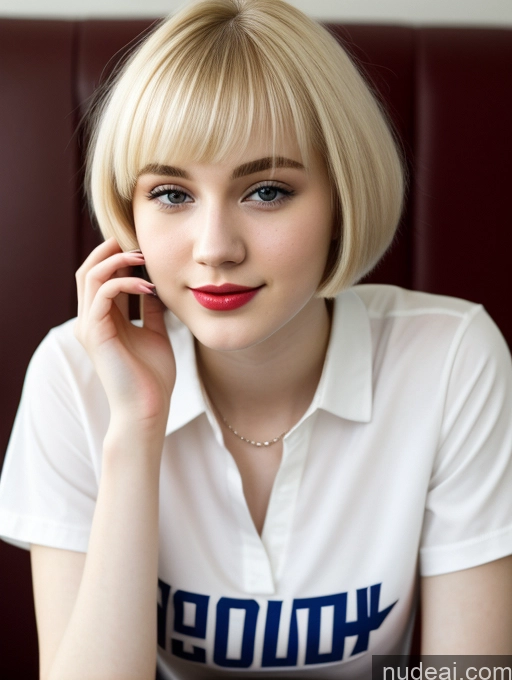 ai nude image of blond woman with blue eyes talking on a cell phone in a restaurant pics of Beautiful Fairer Skin 18 Blonde Sorority Russian Close-up View Shirt Short Hair Lipstick