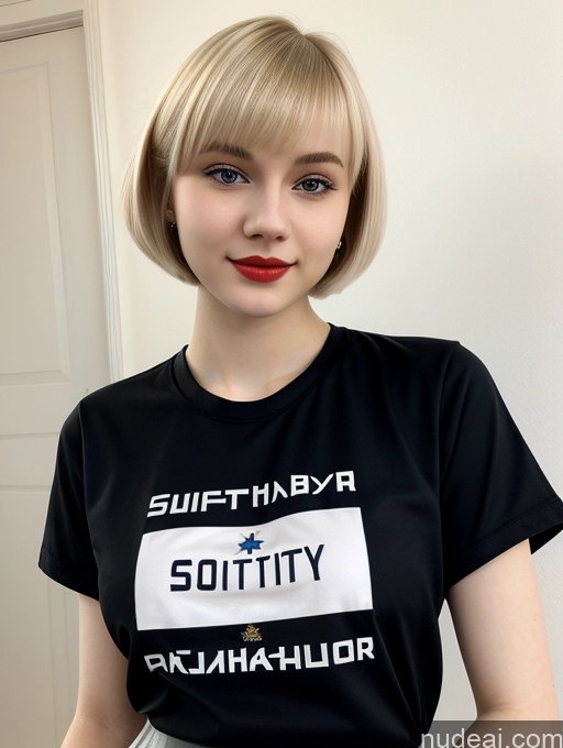 ai nude image of blond woman with short hair wearing a black shirt and a red lipstick pics of Beautiful Fairer Skin 18 Blonde Sorority Russian Close-up View Shirt Short Hair Lipstick