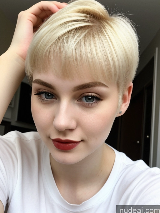 ai nude image of blond woman with short hair and white shirt posing for a picture pics of Beautiful Fairer Skin 18 Blonde Sorority Russian Close-up View Shirt Lipstick Pixie