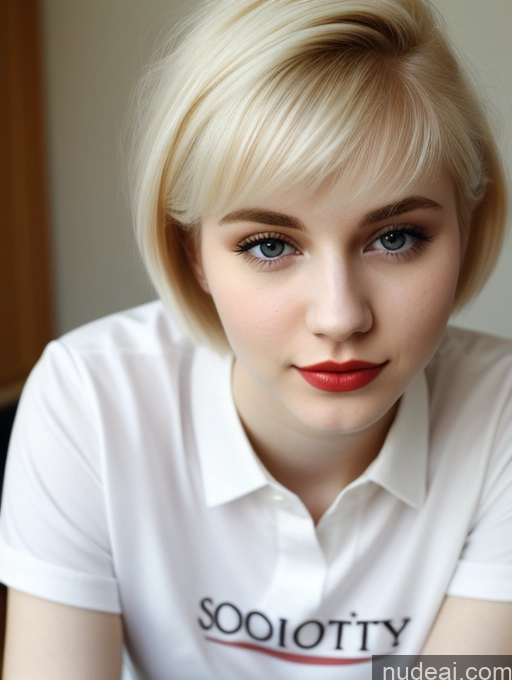 ai nude image of blond woman with blue eyes and a white shirt posing for a picture pics of Beautiful Fairer Skin 18 Blonde Sorority Russian Close-up View Shirt Lipstick Pixie