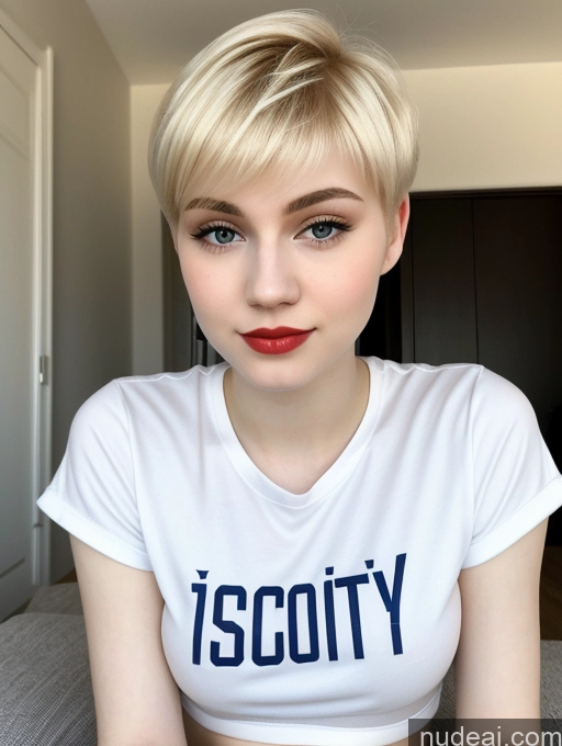 ai nude image of blond woman with short hair wearing a white shirt and red lipstick pics of Beautiful Fairer Skin 18 Blonde Sorority Russian Close-up View Shirt Lipstick Pixie