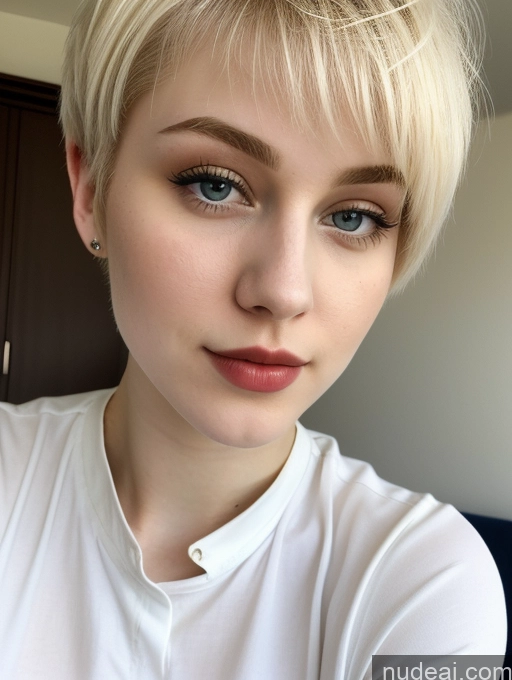 ai nude image of blond woman with short hair and blue eyes wearing a white shirt pics of Beautiful Fairer Skin 18 Blonde Sorority Russian Close-up View Shirt Lipstick Pixie