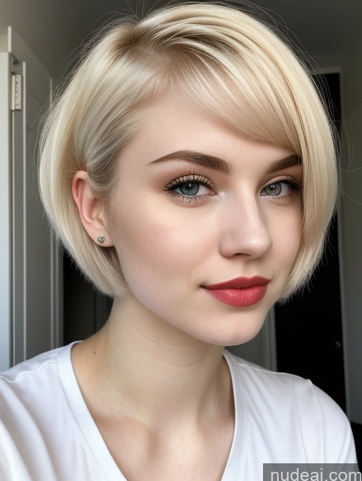 ai nude image of blond woman with short hair and blue eyes wearing a white shirt pics of Beautiful Fairer Skin 18 Blonde Sorority Russian Close-up View Shirt Lipstick Pixie