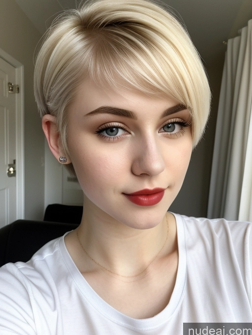 ai nude image of blonde woman with short hair and red lipstick posing for a picture pics of Beautiful Fairer Skin 18 Blonde Sorority Russian Close-up View Shirt Lipstick Pixie