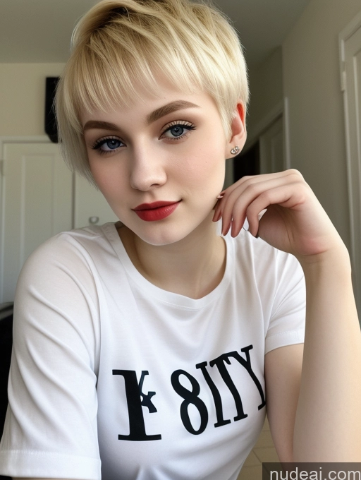 ai nude image of blond woman with short hair wearing a white shirt and red lipstick pics of Beautiful Fairer Skin 18 Blonde Sorority Russian Close-up View Shirt Lipstick Pixie