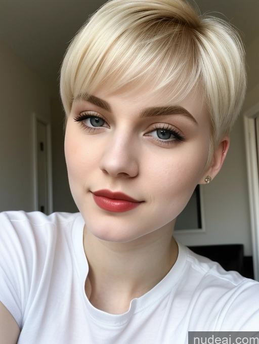 ai nude image of blond woman with short hair and blue eyes wearing a white shirt pics of Beautiful Fairer Skin 18 Blonde Sorority Russian Close-up View Shirt Lipstick Pixie