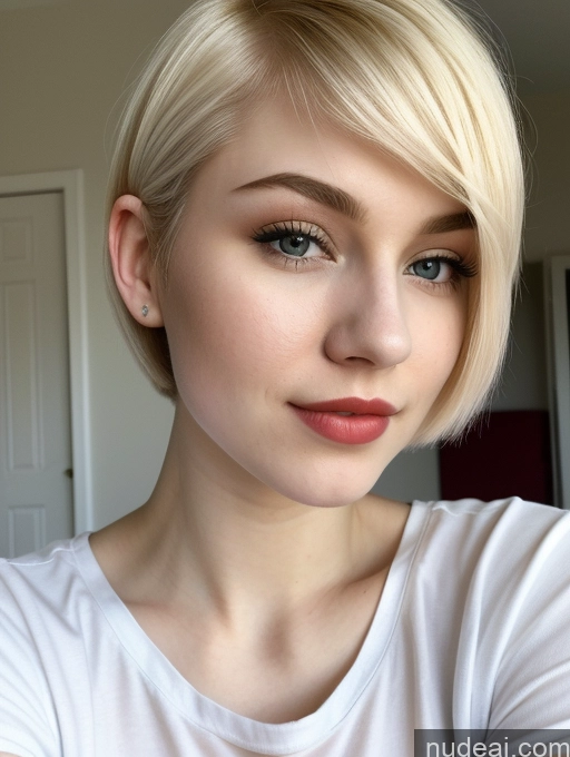 ai nude image of blond woman with short hair and blue eyes posing for a picture pics of Beautiful Fairer Skin 18 Blonde Sorority Russian Close-up View Shirt Lipstick Pixie