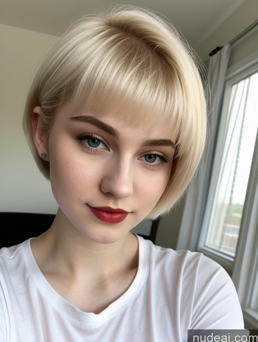 ai nude image of blond woman with short hair and red lipstick looking at camera pics of Beautiful Fairer Skin 18 Blonde Sorority Russian Close-up View Shirt Lipstick Pixie