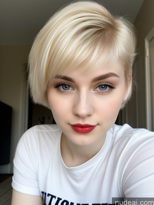 ai nude image of blond woman with short hair and red lipstick posing for a picture pics of Beautiful Fairer Skin 18 Blonde Sorority Russian Close-up View Shirt Lipstick Pixie