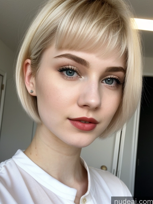 ai nude image of blond woman with short hair and blue eyes wearing a white shirt pics of Beautiful Fairer Skin 18 Blonde Sorority Russian Close-up View Shirt Lipstick Pixie