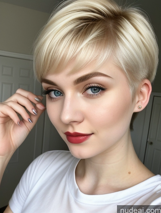 ai nude image of blond woman with short hair and blue eyes wearing a white shirt pics of Beautiful Fairer Skin 18 Blonde Sorority Russian Close-up View Shirt Lipstick Pixie