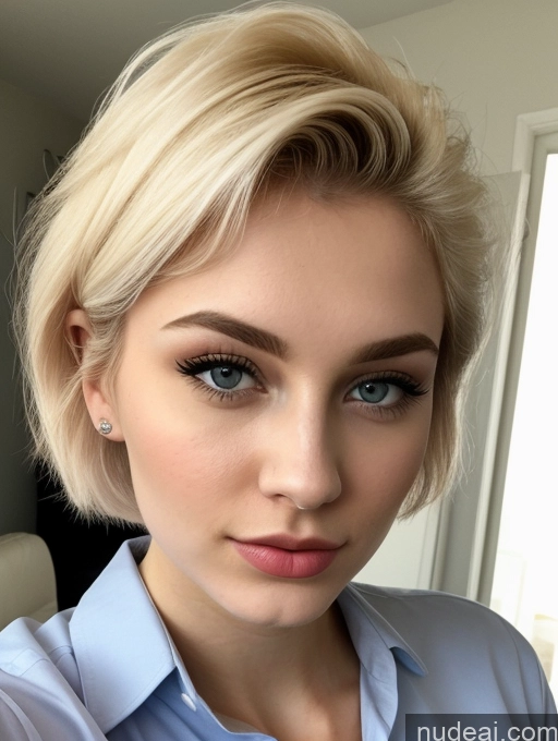 ai nude image of blond woman with blue eyes and a blue shirt posing for a picture pics of Beautiful Fairer Skin 18 Blonde Sorority Russian Close-up View Shirt Lipstick Pixie Pouting Lips