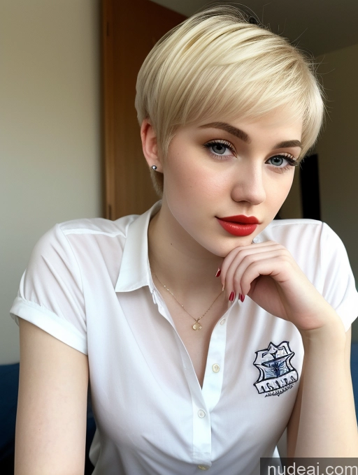 ai nude image of blond woman with short hair and red lipstick sitting at a table pics of Beautiful Fairer Skin 18 Blonde Sorority Russian Close-up View Shirt Lipstick Pixie Seductive