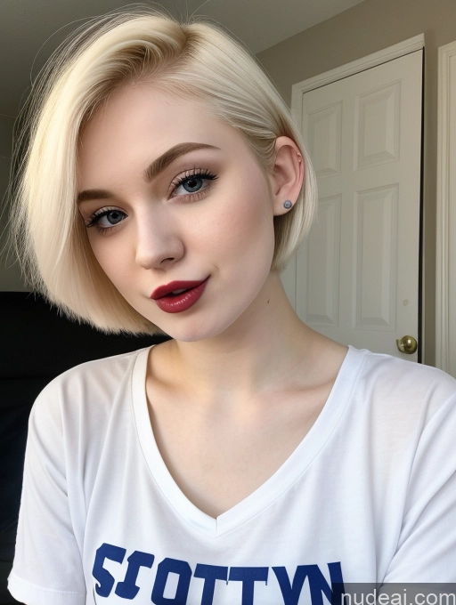 ai nude image of blond woman with short hair wearing a white shirt and red lipstick pics of Beautiful Fairer Skin 18 Blonde Sorority Russian Close-up View Shirt Lipstick Pixie Ahegao