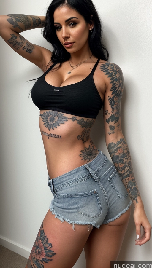 ai nude image of arafed woman with tattoos on her arms and legs leaning against a wall pics of One Woman Perfect Boobs Tattoos Big Ass 20s Sexy Face Black Hair Long Hair Latina Crop Top Daisy Dukes