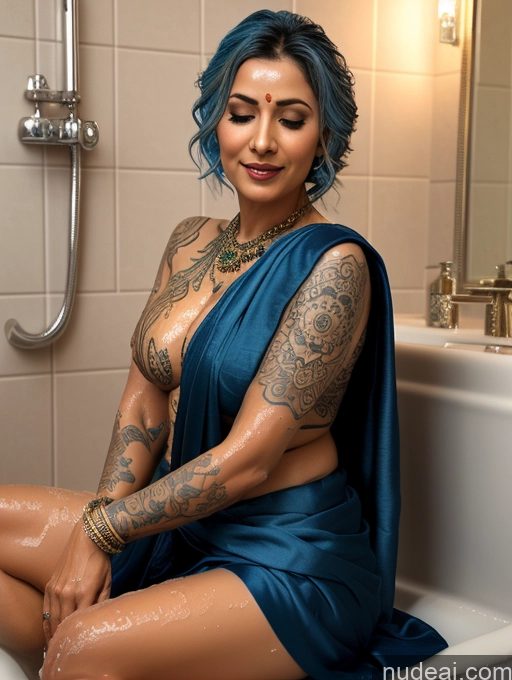 ai nude image of there is a woman sitting in a bathtub with blue hair pics of Milf One Perfect Boobs Tattoos 30s Blue Hair 3d Bathroom Front View Bathing Dark Lighting Indian Straight Orgasm Sari