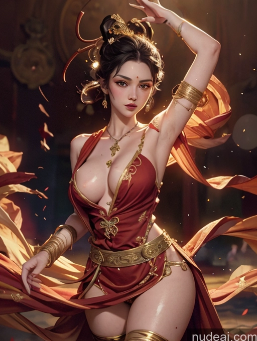 ai nude image of arafed woman in a red dress with gold accents and a red cape pics of Detailed Bright Lighting Partially Nude Wedding Victorian Tunic Traditional Roman Superhero Jumping Hell Illustration White Curly Hair White Hair Seductive 18 Skinny Busty Perfect Body Fairer Skin Oiled Body Dunhuang (敦煌) V1