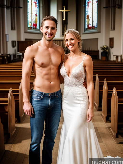 related ai porn images free for Perfect Body 30s Happy Film Photo Front View Topless Hair Bun British Blonde Woman + Man Wedding Church Two Jeans