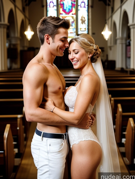 related ai porn images free for Perfect Body 30s Happy Film Photo Front View Topless Hair Bun British Blonde Woman + Man Wedding Church Two Jeans