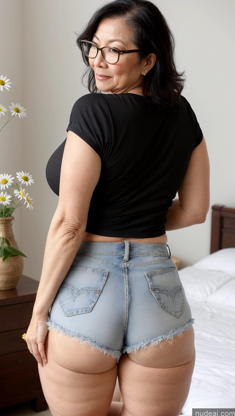 ai nude image of araffe woman in black shirt and jeans shorts standing in front of a bed pics of Milf One Busty Big Hips Pubic Hair Fairer Skin Glasses Asian Black Hair Big Ass 60s Daisy Dukes