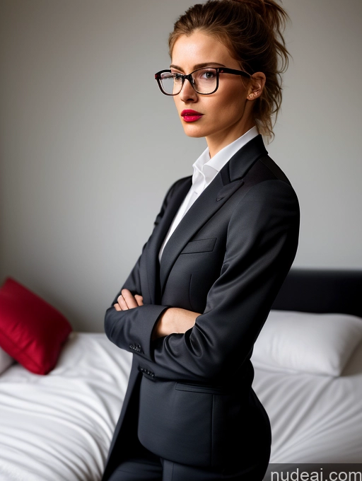 ai nude image of there is a woman in a suit and glasses standing on a bed pics of Small Tits Small Ass Skinny Serious Ginger Messy Dark Lighting Detailed Athlete Glasses Lipstick Suit Side View Dress