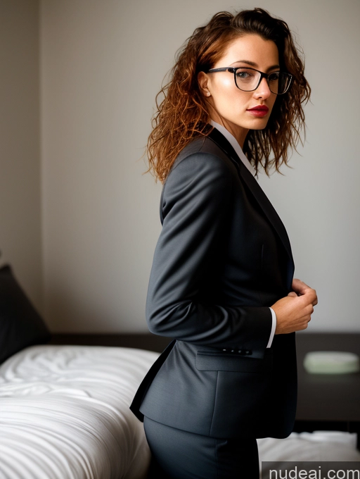 ai nude image of there is a woman in a suit and glasses standing on a bed pics of Small Tits Small Ass Skinny Serious Ginger Messy Dark Lighting Detailed Athlete Glasses Lipstick Suit Side View Dress