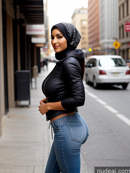 ai nude image of araffe woman in a black jacket and jeans standing on a city street pics of Perfect Boobs Beautiful Muscular Abs Perfect Body Jeans Jacket Casual Partially Nude Side View Big Ass Thick Asian Niqab Milf