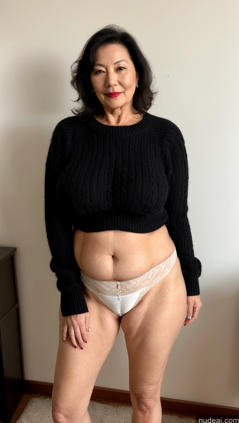 ai nude image of arafed woman in a black sweater and white panties posing for a picture pics of Milf One Busty Big Ass Big Hips Pubic Hair Fairer Skin 60s Asian Black Hair Sweater Partially Nude Lipstick