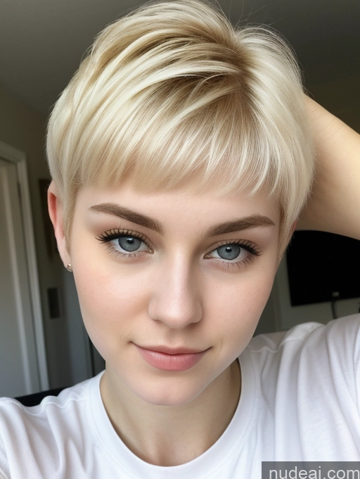 ai nude image of blond woman with short hair and blue eyes posing for a picture pics of Sorority Beautiful Fairer Skin 18 Blonde Pixie Russian Close-up View Shirt