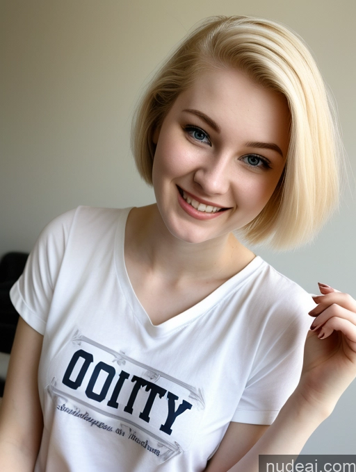 ai nude image of blond woman in white shirt holding a piece of cake with a smile on it pics of Sorority Beautiful Fairer Skin 18 Blonde Pixie Russian Close-up View Shirt Laughing