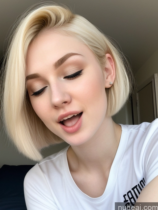 ai nude image of blond woman with short hair and white shirt looking at camera pics of Sorority Beautiful Fairer Skin 18 Blonde Pixie Russian Close-up View Shirt Orgasm