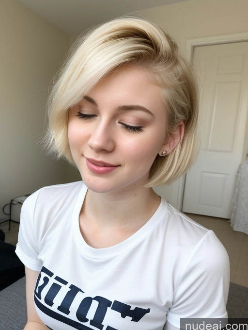 ai nude image of blond woman with short hair wearing a white shirt and looking at a cell phone pics of Sorority Beautiful Fairer Skin 18 Blonde Pixie Russian Close-up View Shirt Orgasm