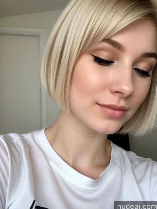 ai nude image of blond woman with short hair and eyeliners looking at her cell phone pics of Sorority Beautiful Fairer Skin 18 Blonde Pixie Russian Close-up View Shirt Orgasm