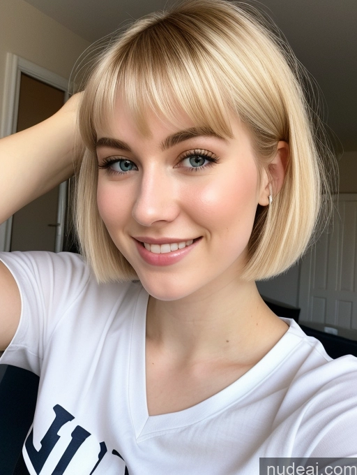 ai nude image of blond woman with short hair wearing white shirt and smiling pics of Sorority Beautiful Fairer Skin 18 Blonde Pixie Russian Close-up View Shirt Happy