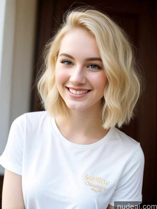 ai nude image of blonde woman with blue eyes and a white shirt smiling pics of Sorority Beautiful Fairer Skin 18 Blonde Pixie Russian Close-up View Shirt Happy