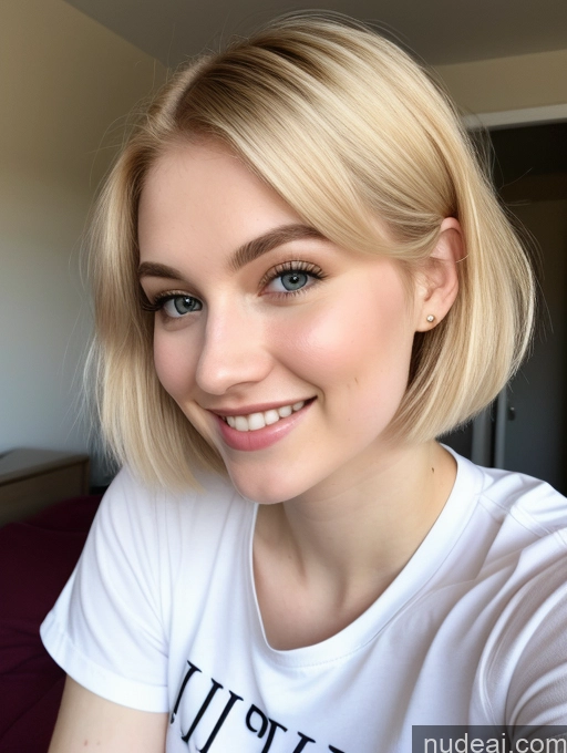 ai nude image of blond woman with blue eyes and a white shirt smiling at the camera pics of Sorority Beautiful Fairer Skin 18 Blonde Pixie Russian Close-up View Shirt Happy