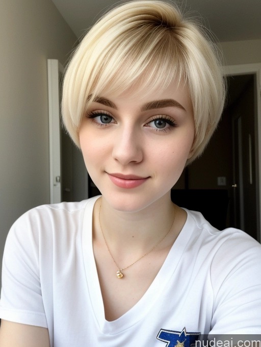 ai nude image of blond woman with short hair wearing a white shirt and a necklace pics of Sorority Beautiful Fairer Skin 18 Blonde Russian Close-up View Shirt Pixie