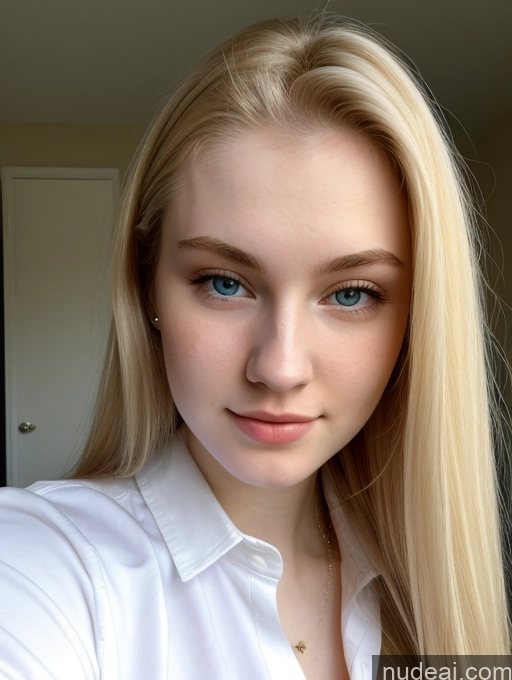 ai nude image of blond woman with blue eyes and a white shirt taking a selfie pics of Sorority Beautiful Fairer Skin 18 Blonde Russian Close-up View Shirt Straight