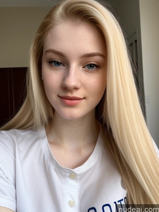 ai nude image of blonde woman with long hair wearing a white shirt and blue eyes pics of Sorority Beautiful Fairer Skin 18 Blonde Russian Close-up View Shirt Straight