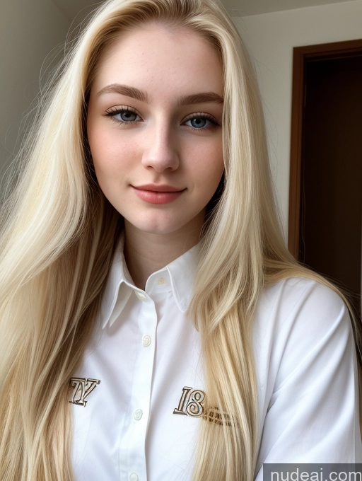 ai nude image of blond woman with long hair wearing a white shirt and gold letters pics of Sorority Beautiful Fairer Skin 18 Blonde Russian Close-up View Shirt Long Hair