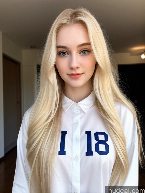 ai nude image of blond woman with blue eyes and a white shirt with the number 18 on it pics of Sorority Beautiful Fairer Skin 18 Blonde Long Hair Russian Close-up View Shirt