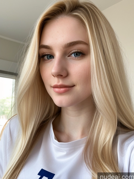 ai nude image of blond woman with long hair wearing a white shirt and blue letters pics of Sorority Beautiful Fairer Skin 18 Blonde Long Hair Russian Close-up View Shirt