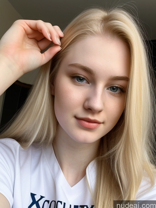 ai nude image of blond woman with long hair wearing a white shirt and a blue cross on her chest pics of Sorority Beautiful Fairer Skin 18 Blonde Long Hair Russian Close-up View Shirt