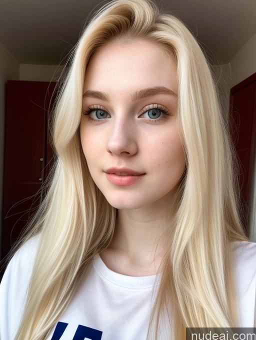 ai nude image of blond woman with long hair wearing a white shirt and blue letters pics of Sorority Beautiful Fairer Skin 18 Blonde Long Hair Russian Close-up View Shirt