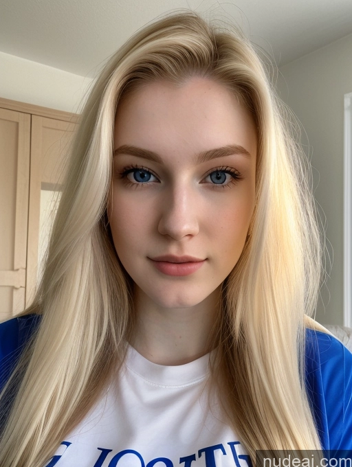 ai nude image of blond woman with blue shirt and white shirt posing for a picture pics of Sorority Beautiful Fairer Skin 18 Blonde Long Hair Russian Close-up View Shirt