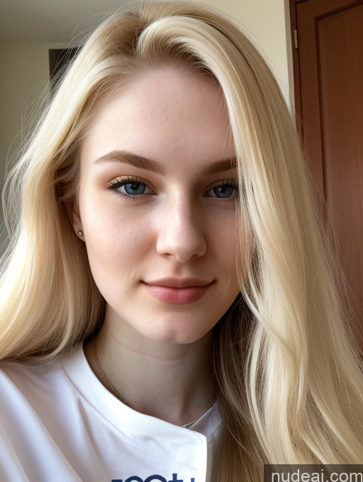 ai nude image of blond woman with blue eyes and a white shirt with a blue logo pics of Sorority Beautiful Fairer Skin 18 Blonde Long Hair Russian Close-up View Shirt