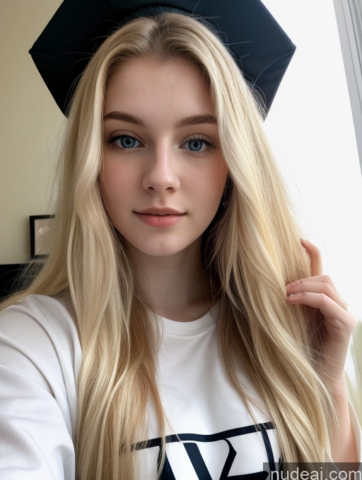 ai nude image of blonde woman with blue eyes wearing a black hat and white shirt pics of Sorority Beautiful Fairer Skin 18 Blonde Long Hair Russian Close-up View Shirt